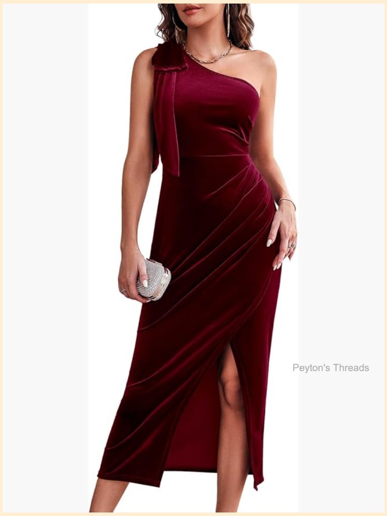 One Shoulder Velvet Midi Dress Fitted Faux Wrap Slit Bodycon Party